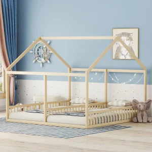 Eenpersoonsbedden 90×200 cm, lage bedden, huismodellen, 2-in-1 bedden, natuurlijke kleur Eenpersoonsbedden 90×200 cm, lage bedden, huismodellen, 2-in-1 bedden, natuurlijke kleur