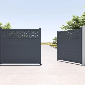 Elektrische draaipoort van aluminium met motieven – L.305 x H.182 cm – Antraciet – Koop nu