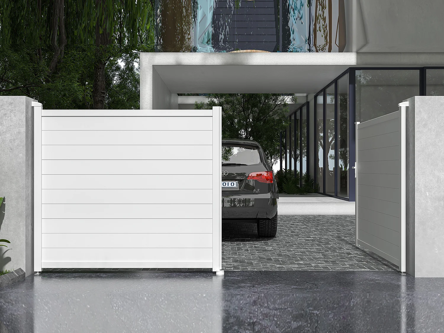 Elektrische draaipoort van aluminium L305 x H181 cm wit - NAZARIO