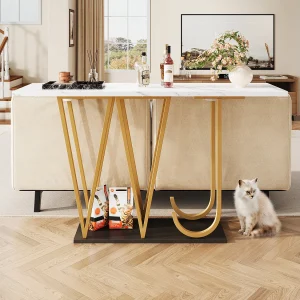 Entreetafel – 120 x 29,5 x 80 cm – houten eettafel – marmerlook tafelblad – MDF + metaal – wit