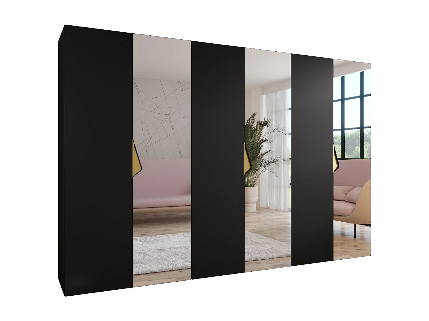 Draaideurkast Sandi 2 300 (100x3) / 202 / 52 (Zwart + handgrepen: Goud)