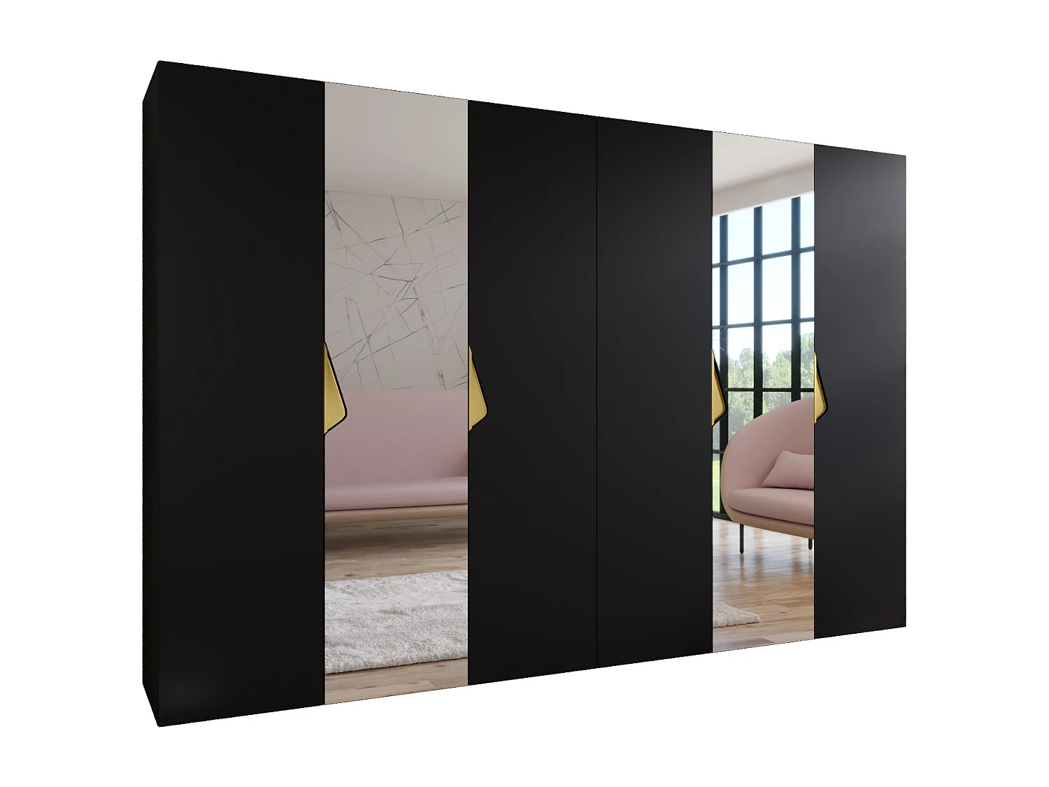 Draaideurkast Sandi 2 300 (150x2) / 202 / 52 (Zwart + handgrepen: Goud)