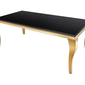 Eettafel VELENA 180 cm – Blad van zwart glas en gouden stalen structuur – Barokke elegantie en modern design Eettafel VELENA 180 cm – Blad van zwart glas en gouden stalen structuur – Barokke elegantie en modern design
