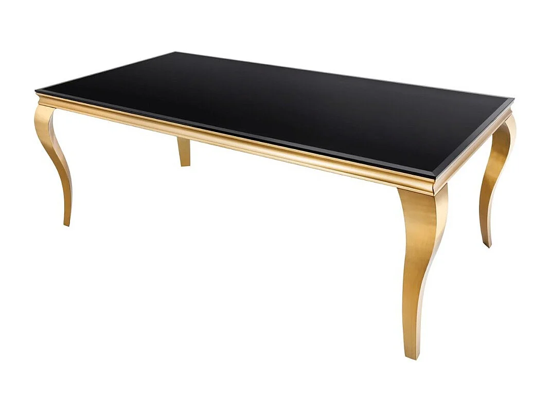 Eettafel VELENA 180 cm – Blad van zwart glas en gouden stalen structuur – Barokke elegantie en modern design