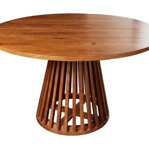 Eettafel TALMA 130 cm – Rond blad van gelakt acaciahout – Rustieke en warme sfeer Eettafel TALMA 130 cm – Rond blad van gelakt acaciahout – Rustieke en warme sfeer