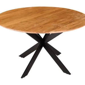 Eettafel SOLARA 130 cm – Rond blad van massief acaciahout en zwarte metalen poten – Industrieel chic stijl Eettafel SOLARA 130 cm – Rond blad van massief acaciahout en zwarte metalen poten – Industrieel chic stijl