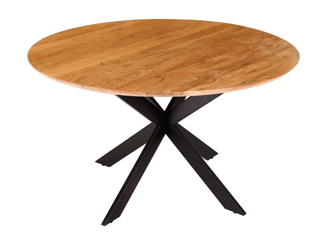 Eettafel SOLARA 130 cm – Rond blad van massief acaciahout en zwarte metalen poten – Industrieel chic stijl