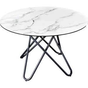 Eettafel BAUMA 120 cm – Rond blad in wit marmer effect keramiek en metalen poten – Moderne chique stijl Eettafel BAUMA 120 cm – Rond blad in wit marmer effect keramiek en metalen poten – Moderne chique stijl