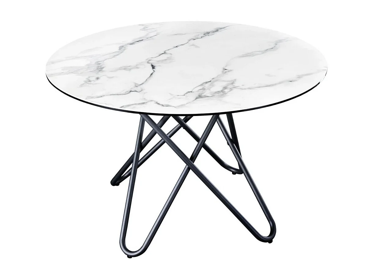Eettafel BAUMA 120 cm – Rond blad in wit marmer effect keramiek en metalen poten – Moderne chique stijl