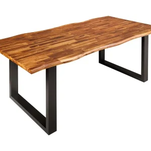 Eettafel NALKO 160 cm – Blad van geolied acaciahout en structuur in zwart metaal – Industriële en natuurlijke stijl