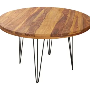 Eettafel ORBO 120 cm – Blad van gelakt Sheesham hout en zwarte metalen poten – Industriële stijl Eettafel ORBO 120 cm – Blad van gelakt Sheesham hout en zwarte metalen poten – Industriële stijl