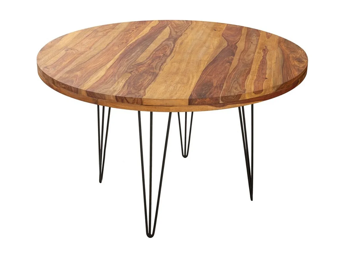 Eettafel ORBO 120 cm – Blad van gelakt Sheesham hout en zwarte metalen poten – Industriële stijl