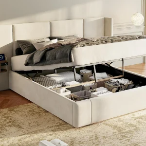 Fluwelen opbergbed – 160x200cm – met USB-poort en 2 nachtkastjes – met lattenbodem – Beige Fluwelen opbergbed – 160x200cm – met USB-poort en 2 nachtkastjes – met lattenbodem – Beige
