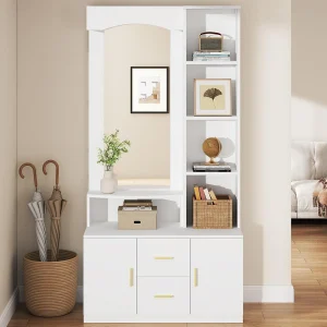 Garderobeset 90x40x180cm – met schoenenkast en spiegel – 2 lades en 2 deuren – met planken – Wit Garderobeset 90x40x180cm – met schoenenkast en spiegel – 2 lades en 2 deuren – met planken – Wit