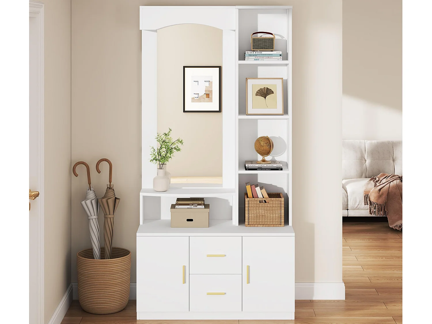 Garderobeset 90x40x180cm - met schoenenkast en spiegel - 2 lades en 2 deuren - met planken - Wit