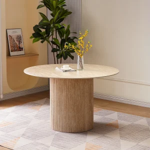 Ronde eettafel voor 4 personen – Keramisch blad met travertinlook beige – ESME Ronde eettafel voor 4 personen – Keramisch blad met travertinlook beige – ESME