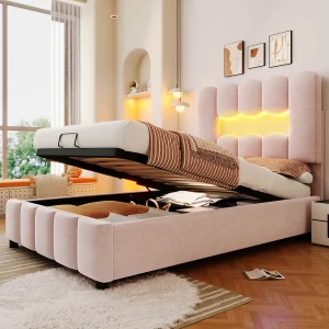 Eenpersoonsbed met opbergruimte 90x200cm met ledverlichting, verstelbaar hoofdeinde, roze fluweel Eenpersoonsbed met opbergruimte 90x200cm met ledverlichting, verstelbaar hoofdeinde, roze fluweel