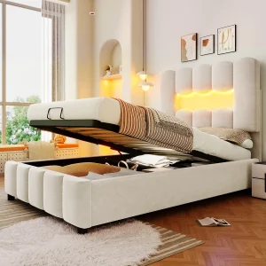 Eenpersoonsbed 90x200cm met LED-verlichting, verstelbaar hoofdeinde, beige fluweel Eenpersoonsbed 90x200cm met LED-verlichting, verstelbaar hoofdeinde, beige fluweel