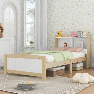 Eenpersoonsbed 90×200 cm van massief hout/MDF, wit/naturel, hoofdbord met opbergvakken Eenpersoonsbed 90×200 cm van massief hout/MDF, wit/naturel, hoofdbord met opbergvakken