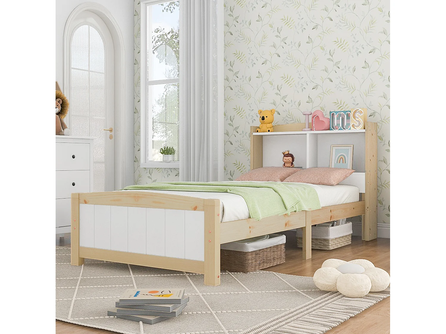 Eenpersoonsbed 90x200 cm van massief hout/MDF, wit/naturel, hoofdbord met opbergvakken