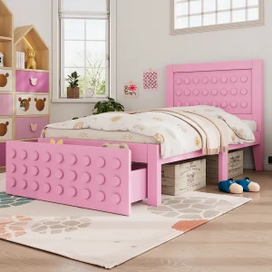 Eenpersoonsbed 90×200 cm van hout/MDF, roze, met lade en opbergruimte onder bed Eenpersoonsbed 90×200 cm van hout/MDF, roze, met lade en opbergruimte onder bed