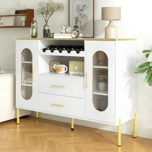 Dressoir met glazen fronten – 120 x 38 x 90 cm – met 2 lades – Verstelbare poten – MDF – wit
