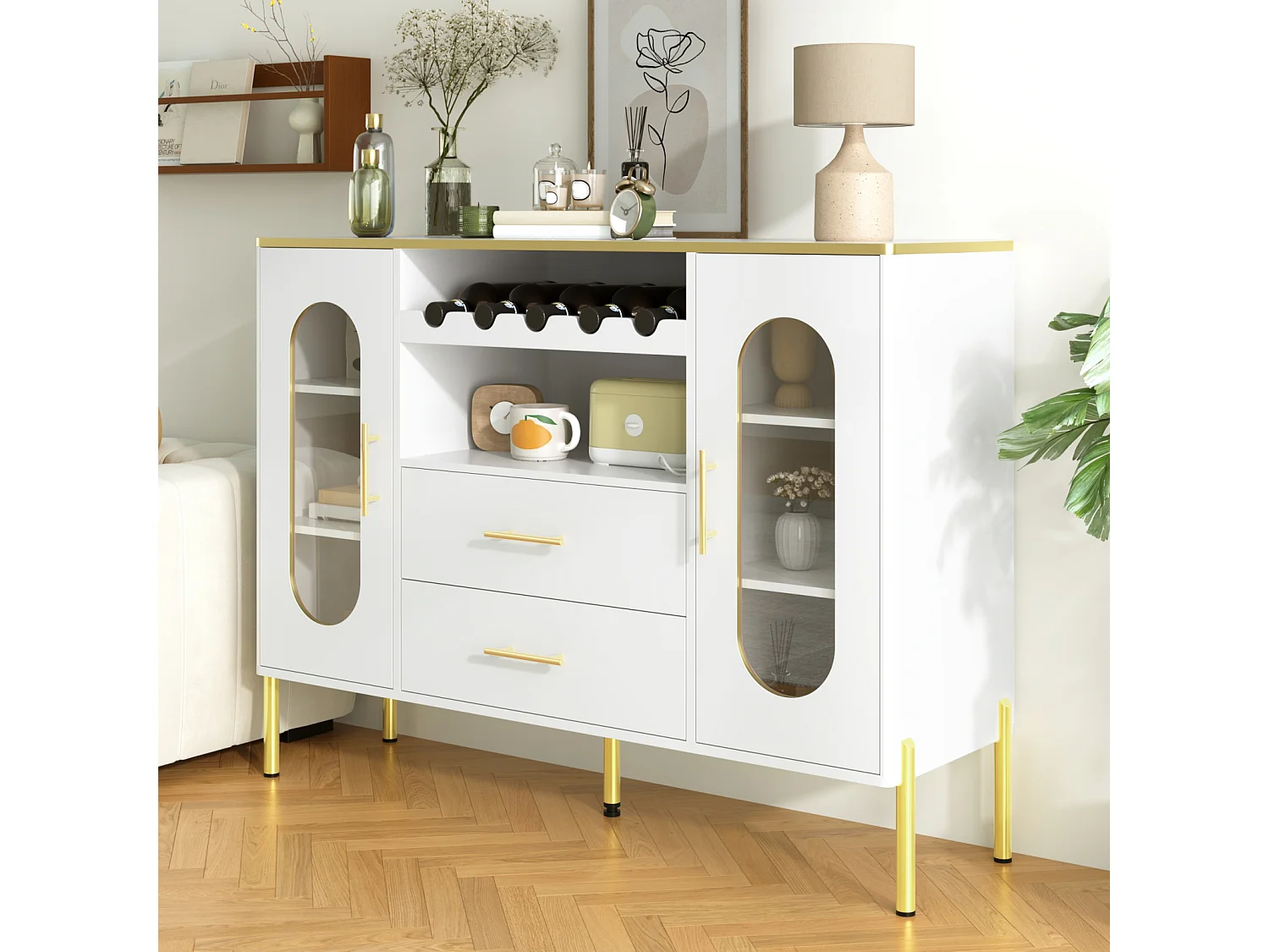 Dressoir met glazen fronten - 120 x 38 x 90 cm - met 2 lades - Verstelbare poten - MDF - wit