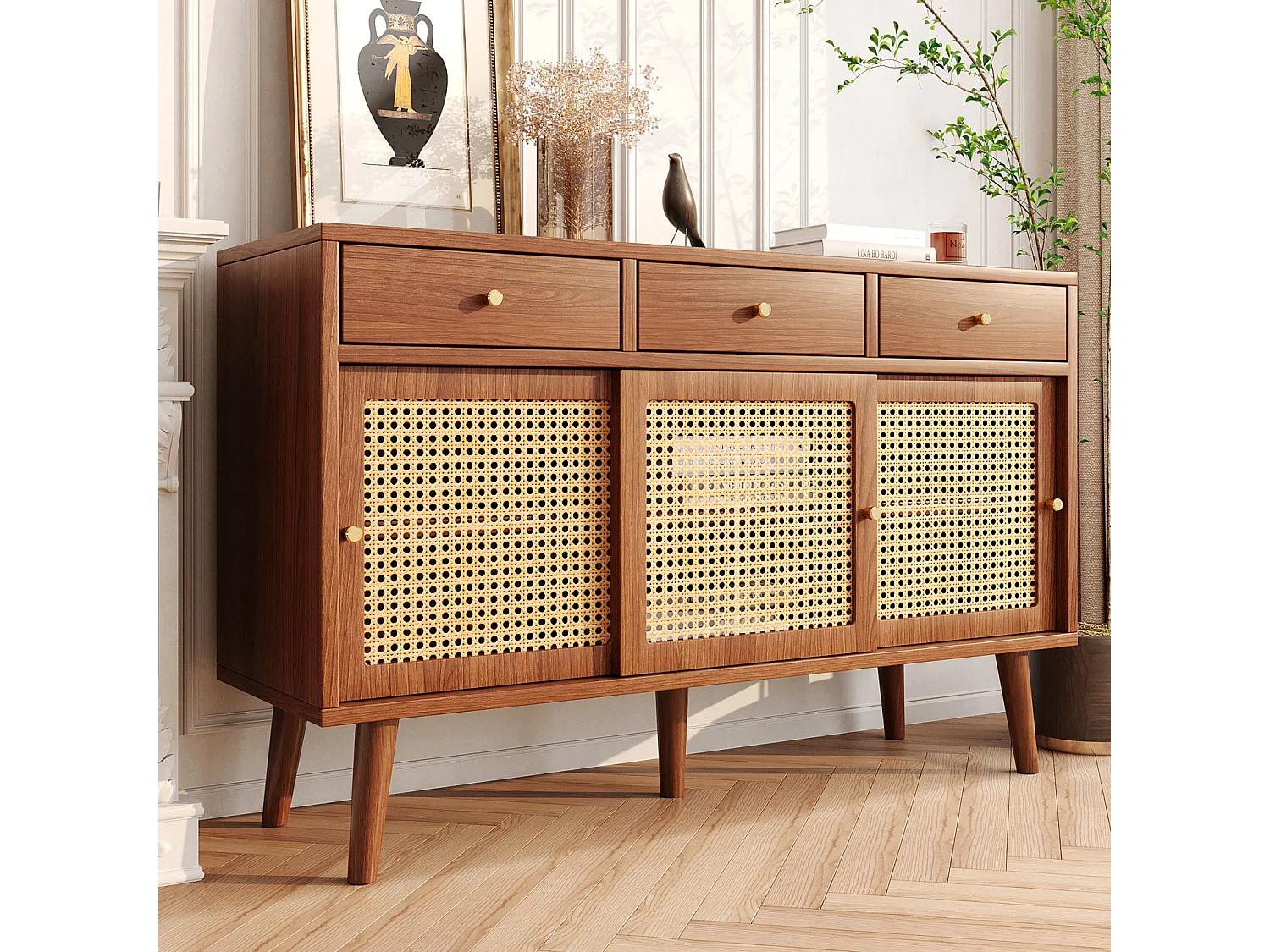 Dressoir met 3 lades, 3 rotan schuifdeuren, verstelbare planken, walnoot, 120x40x78 cm
