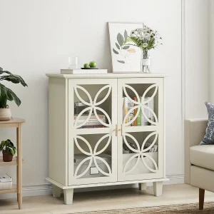 Dressoir met verstelbare planken – Moderne retro keukenconsole – met twee deuren – Crème