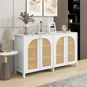 Dressoir met 4 rotandeuren – 145 x 40 x 80 cm – met verstelbare planken – Wit Dressoir met 4 rotandeuren – 145 x 40 x 80 cm – met verstelbare planken – Wit