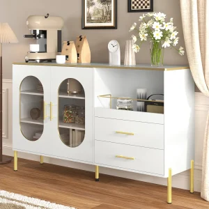 Dressoir met 2 lades en 2 glazen deuren – 140 x 38 x 90 cm – woonkamer en eetkamer – wit Dressoir met 2 lades en 2 glazen deuren – 140 x 38 x 90 cm – woonkamer en eetkamer – wit