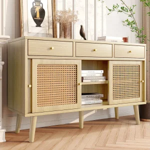 Dressoir met 3 lades, 3 rotan schuifdeuren, verstelbare planken, eiken, 120x40x78 cm