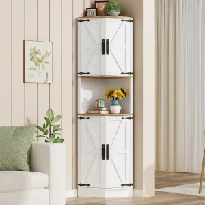 Dressoir met 4 deuren en verstelbare planken, schuurdeurontwerp, hoekkast voor woonkamer, wit Dressoir met 4 deuren en verstelbare planken, schuurdeurontwerp, hoekkast voor woonkamer, wit