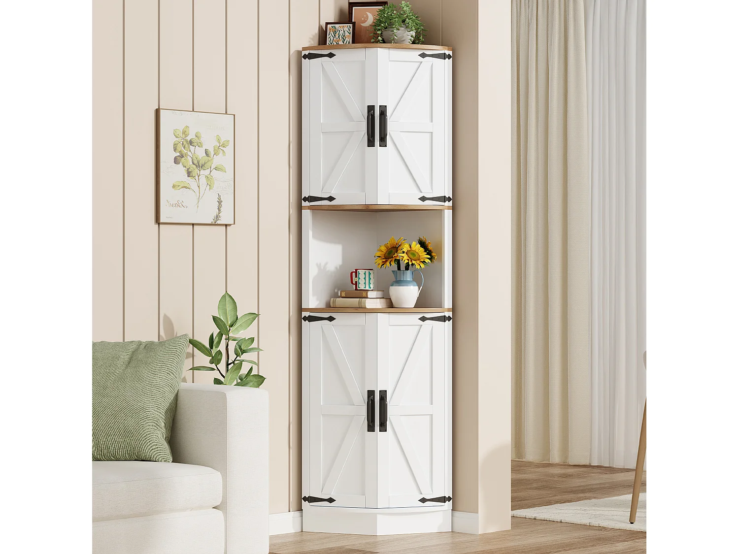 Dressoir met 4 deuren en verstelbare planken, schuurdeurontwerp, hoekkast voor woonkamer, wit
