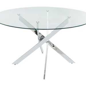 Eettafel rond van gehard transparant glas en zilverkleurig metaal – 4 personen – CHIARA Eettafel rond van gehard transparant glas en zilverkleurig metaal – 4 personen – CHIARA