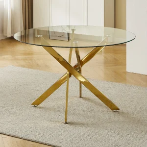 Eettafel rond van gehard transparant glas en goudkleurig metaal – 4 personen – CHIARA Eettafel rond van gehard transparant glas en goudkleurig metaal – 4 personen – CHIARA