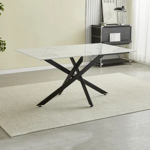 Eettafel rechthoekig van gehard glas – Witte marmerlook en zwart metaal – 6 personen – CHIARA Eettafel rechthoekig van gehard glas – Witte marmerlook en zwart metaal – 6 personen – CHIARA