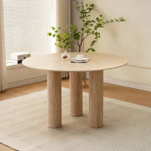 Eettafel rond voor 4 personen – Tafelblad in keramiek travertinlook beige – ANA Eettafel rond voor 4 personen – Tafelblad in keramiek travertinlook beige – ANA