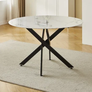 Eettafel rond van gehard glas – Witte marmerlook en zwart metaal – 4 personen – CHIARA Eettafel rond van gehard glas – Witte marmerlook en zwart metaal – 4 personen – CHIARA