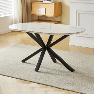 Eettafel LUCIA – 6 personen – Keramisch blad met wit marmerlook – Zwarte metalen poten