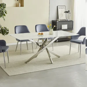 Eettafel rechthoekig van gehard glas – Witte marmerlook en zilverkleurig metaal – 6 personen – CHIARA Eettafel rechthoekig van gehard glas – Witte marmerlook en zilverkleurig metaal – 6 personen – CHIARA
