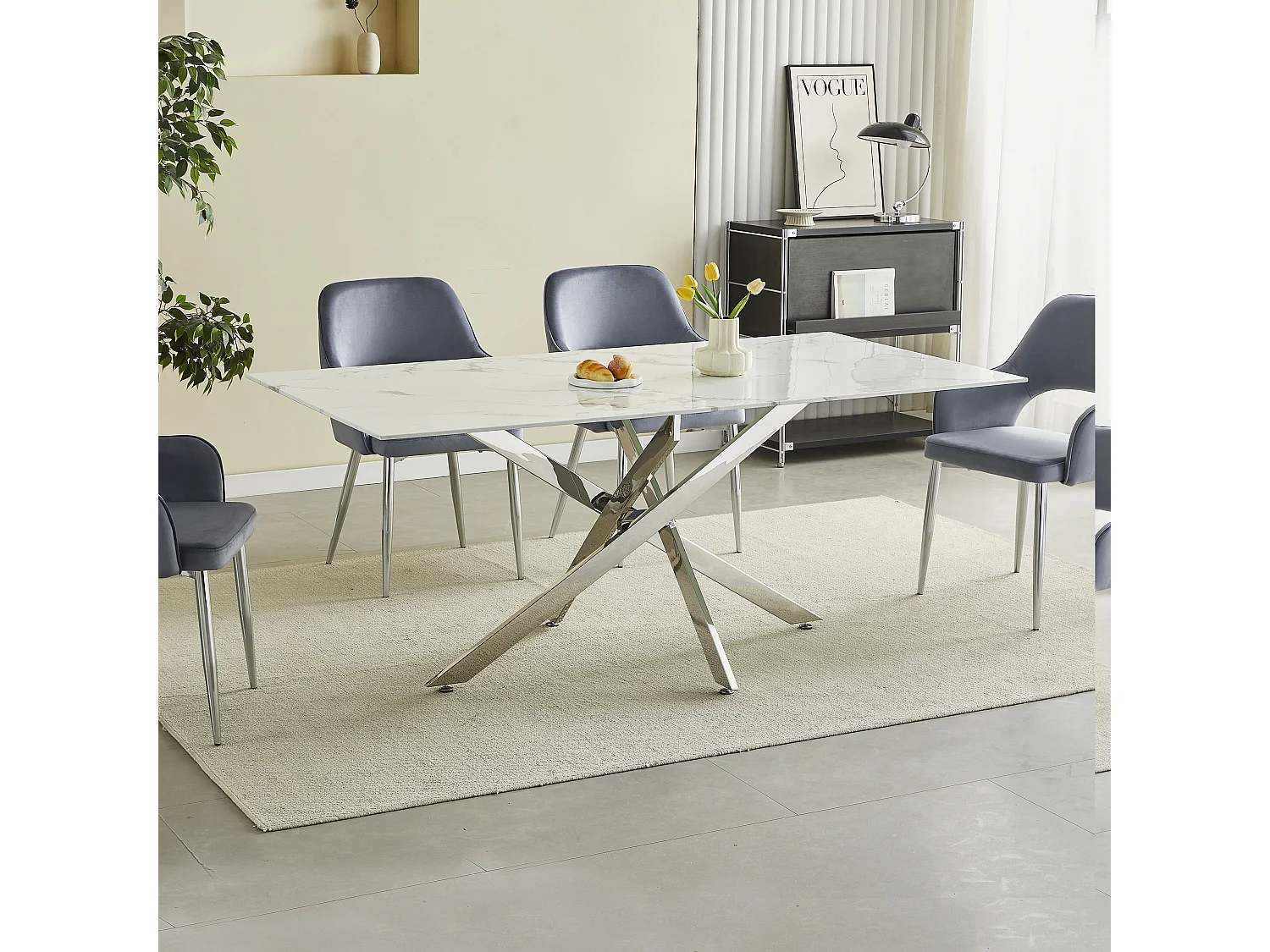 Eettafel rechthoekig van gehard glas - Witte marmerlook en zilverkleurig metaal – 6 personen – CHIARA