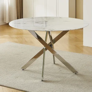 Eettafel rond van gehard glas – Witte marmerlook en zilverkleurig metaal – 4 personen – CHIARA Eettafel rond van gehard glas – Witte marmerlook en zilverkleurig metaal – 4 personen – CHIARA