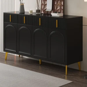 Dressoir 140x38x82 cm met lades en verstelbare tussenschotten. Gemaakt van zwart MDF, geschikt voor woonkamer en keuken. Dressoir 140x38x82 cm met lades en verstelbare tussenschotten. Gemaakt van zwart MDF, geschikt voor woonkamer en keuken.