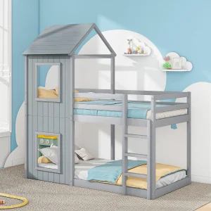 Etagenbed/hoogslaper huisbed 90×200 cm van massief grenenhout, grijs, met ladder en baldakijn
