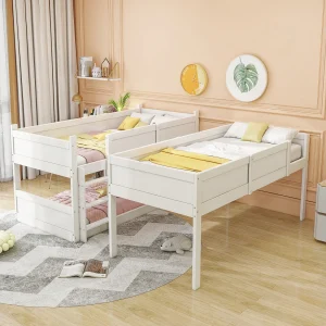 Drielaags hoogslaper kinderbed 90×200 cm van hout, wit, ruimtebesparend Drielaags hoogslaper kinderbed 90×200 cm van hout, wit, ruimtebesparend