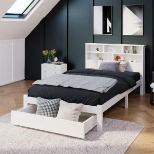 Eenpersoonsbed en Bois Massif 90×200 cm Met Tiroirs en Étagère, Adapté Adultes en Enfants, Blanc Eenpersoonsbed en Bois Massif 90×200 cm Met Tiroirs en Étagère, Adapté Adultes en Enfants, Blanc