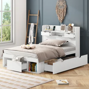 Eenpersoonsbed 90×200 cm Blanc, Met Port Usb, Tiroirs en Armoire Intégrée, Voor Enfant ou Ado, Grand Rangement