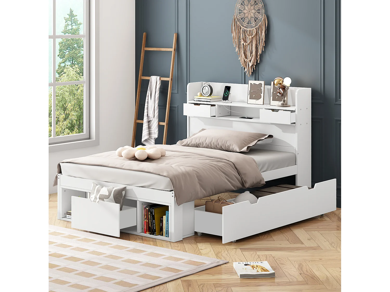 Eenpersoonsbed 90×200 cm Blanc, Met Port Usb, Tiroirs en Armoire Intégrée, Voor Enfant ou Ado, Grand Rangement