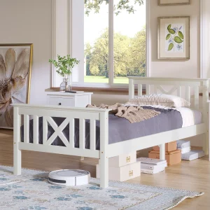 Eenpersoonsbed en Bois Massif 90×200 cm Met Tête Van Lit en Sommier, Pin Blanc, Solide en Confortable Eenpersoonsbed en Bois Massif 90×200 cm Met Tête Van Lit en Sommier, Pin Blanc, Solide en Confortable